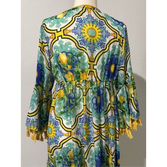 Antica Sartoria NWT lemons blue floral pattern beaded tie front long maxi cover - Picture 14 of 16